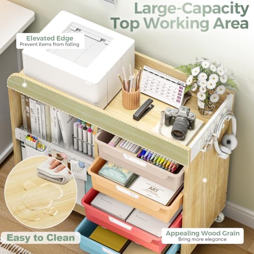 SYKIARIOL Craft Organizers and Art Supply Storage Art Cart, Classic Macaron | Rolling Cart with 4 Drawers & Metal Pegboard, 5 Hooks, Cute Macaron Color Magnets for Craft Room, Office, Classroom
