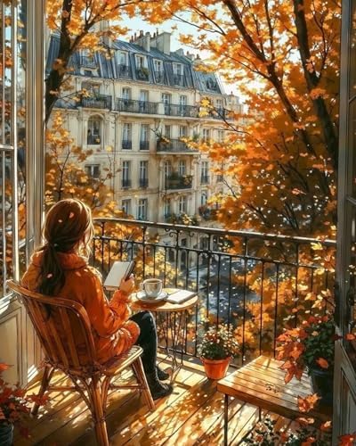 koemhxb Paint by Numbers Kit for Adults Beginners, Autumn Paris Balcony Scene, Fall City View Art Adult Paint by Numbers on Canvas, Acrylic Painting Crafts for Home Decor (16x20inch)