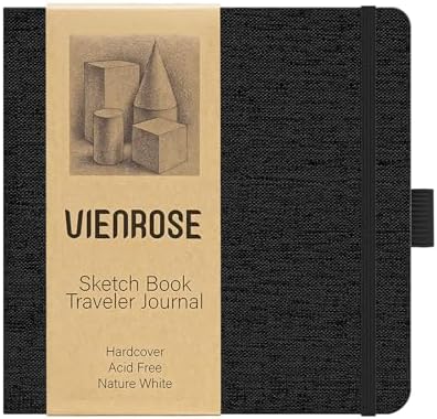 Vienrose 5.5"x5.5" Sketch Books, Linen Cover Sketching Book with Acid-Free Paper, 111lb/180gsm Drawing Pad for Kids, Beginners & Professionals, Art Supplies for Adults & Students(Black, 60 Sheets)
