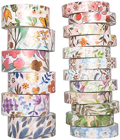 YUBBAEX Floral Gold Washi Tape Set VSCO Foil Masking Tape Decorative for Arts, DIY Crafts, Journal Supplies, Planners, Scrapbook, Card/Gift Wrapping -8/15mm- (Blooming 18 Rolls)
