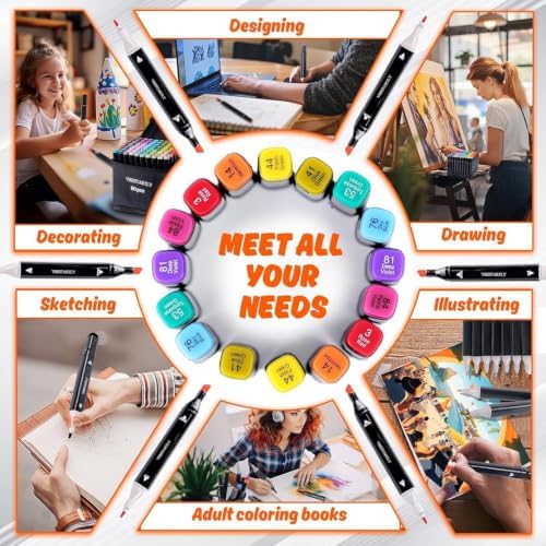 VBESTARTLY 120 Colors Alcohol Markers with Base, Permanent Dual Tip Art Markers for Adults Anime Coloring Sketch Illustrations Pefect for Gift