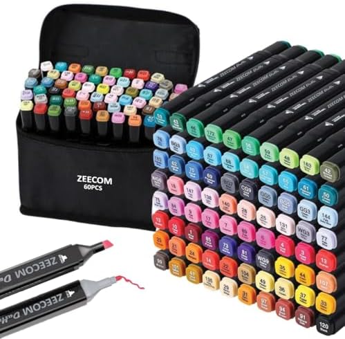 Alcohol Markers Set, 60 Colored Pens for Kids & Adults| Dual Tip Alcohol Markers with Brush Tip, Art Supplies & Coloring Marker for Drawing, Sketching & Illustration