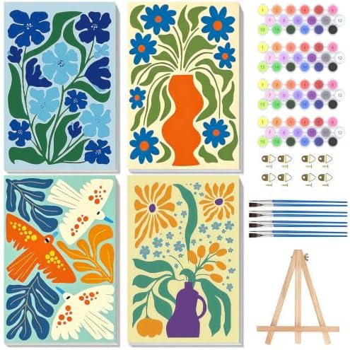 4 Pack Framed Flowers Paint by Numbers Kits for Adults with Easel (8x12in)