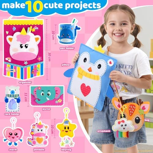 Felt Sewing Crafts for Kids Ages 4-12, 10 DIY Projects Kids Sewing Kit