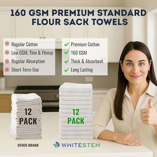 Flour Sack Towels | Tea Towel for Crafts | Kitchen | Dish | Cotton Blank Towel for Embroidery | Baking Bread Proofing Linen Cover | Thick Absorbent Quick Dry | 12 Pack 18"x28" Natural