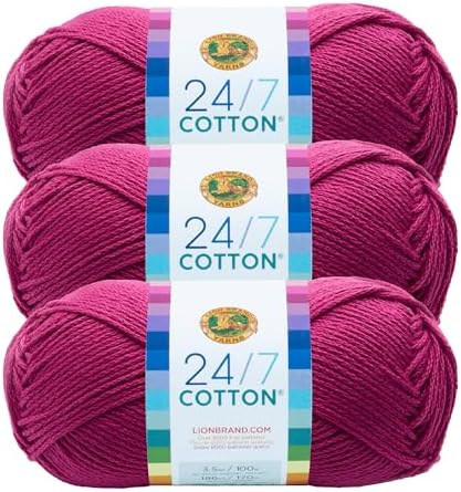 Lion Brand Yarn, 24/7 Cotton Mercerized Lightweight Yarn for Knitting, Crochet, and Crafts, Rose, 3 Pack, 185 Yards of Natural Fiber for Breathable Tops, Durable Bags, and Easy-Care Dish Cloths