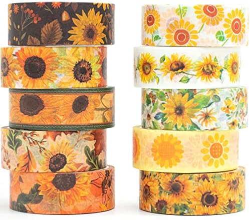 Sunflower Washi Tape Set 10 Rolls Floral Print Decorative Sun Flowers Masking Tapes for Arts, DIY Crafts, Journals, Planners, Scrapbook, Wrapping