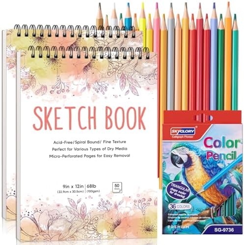 2 Pack Sketch Books for Kids 9 × 12In, 100gsm Drawing Pad with 36 Pencils