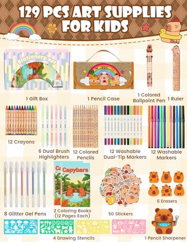 129 PCS Washable Markers Set, Capybara Gifts for Girl, Art Supplies for Kid