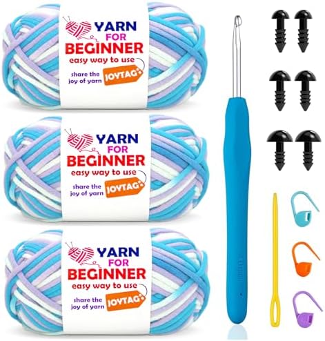 3 Pack Rainbow Beginner Crochet Yarn for Crocheting and Knitting Multicolor Cotton Crochet Yarn for Beginners(Purple White Blue)