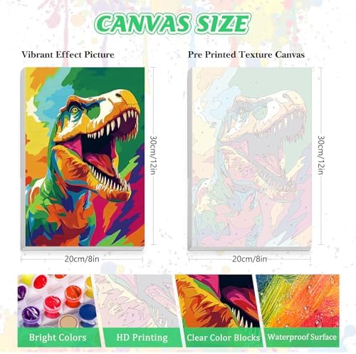 KEYIFA Paint by Numbers for Adults on Framed Canvas - with Wooden Easel, Colorful T-Rex Painting by Number Kit for Beginners, DIY Cartoon Acrylic Paint-by-Number Kits for Home Wall Decor (8x12 inch)