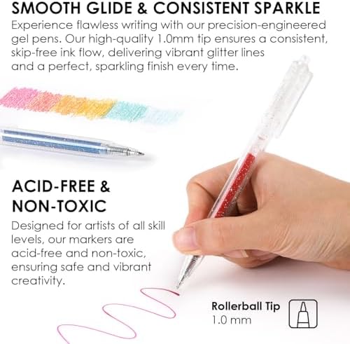 Grabie 18 Color Glitter Gel Pens, Retractable Sparkle Art Pens | Retractable Design, Smooth Gel Ink, Sparkling Finish, Acid Free Ink, Quick Drying, Coloring Books, Journaling, Drawing