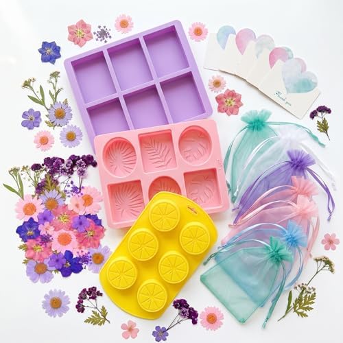 GLYNORKS Silicone Soap Molds for Soap Making, 20pcs Soap Molds Kit with Rectangle, Lemon & Leaf Designs, 10 Gift Bags, 6 Cards & 30 Dried Flowers, DIY Soap Making Supplies Kit for Adults