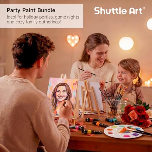 Shuttle Art 87 Pack Acrylic Painting Kit, Paint Kit with 3 Packs 15-Color Acrylic Paint, 3 Wooden Easels, Canvas, Brushes & Palettes, Art Painting Supplies for Adults, Kids & Beginners