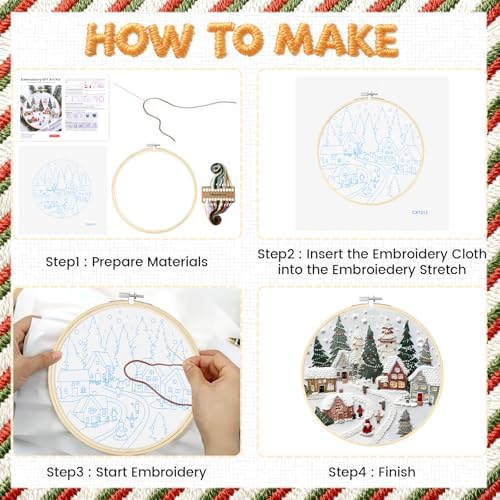 Christmas Embroidery Kit for Adults & Beginners - Gnomes & Cross Stitch Patterns, Cotton, Threads, Needles & Instructions (4 Pcs)