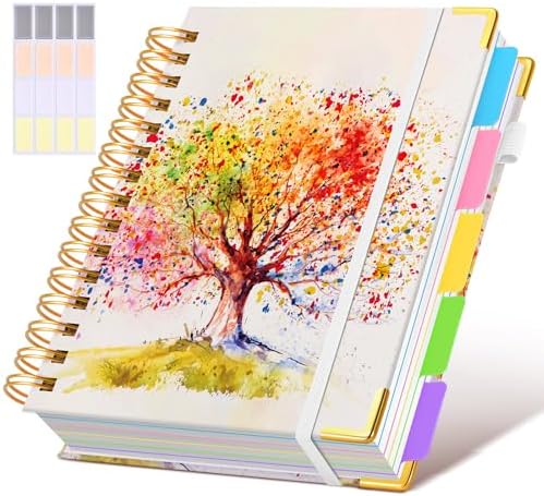 Hardcover Spiral Notebook journal with Removable Dividers Tabs, 300 Pages 5 Subject Notebook College Ruled, 100GMS Notebooks for Work School Note taking,Lined Journal for Women,A5 Colorful Tree of Life