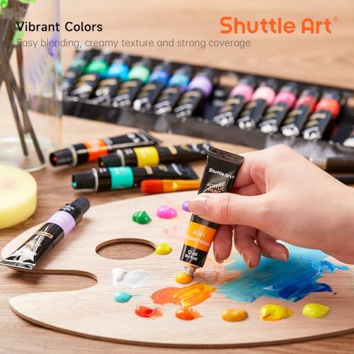 Shuttle Art 46 Pack Acrylic Paint Set, 30 Colors Acrylic Paint with 10 Brushes 3 Canvas 1 Knife Palette Sponge, Complete Painting Set for Kids, Adults, Beginners, Painting Wood, Ceramic