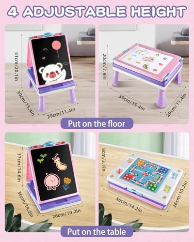 Elovien Easel for Kids, 4 in 1 Double Sided Toddler Art Easel with Chalkboard & Magnetic Whiteboard, Foldable Kid Tabletop Easel with Drawing & Writing Accessories - Educational Gift for Girl (Purple)