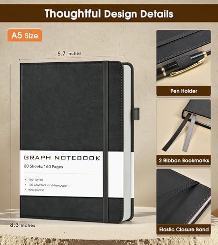 A5 Leather Hardcover Graph Paper Notebook, 160 Pages (5 Squares/Inch), 180° Lay-Flat Binding, 100 GSM Thick Paper, for Math, Engineering, Students & Technical Work (Black)