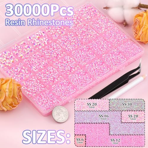 30000Pcs Light Pink AB Rhinestones for Bedazzling with B7000 Jewelry Glue, Bedazzler Kit Bulk Flatback Gems, Resin Rhinestones for Crafting Crafts Clothing Shoes Nail Art Assorted Size 2/3/4/5/6mm