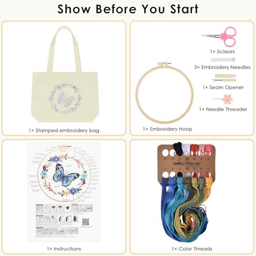 ERKOON Canvas Tote Bag Embroidery Kit for Beginners, Floral Arts Crafts Cross Stitch Kits for Adults Including Stamped Embroidery Bag with Hoops, Needle, Instruction and Color Threads (Butterfly)