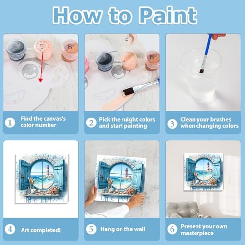 Beach Paint by Numbers Kit for Adults Beginner, Paint by Numbers 10x10 Inch | Framed Paint by Numbers Kit for Adults Beginner with Easel, Acrylic Painting by Numbers, DIY Crafts for Gifts or Home Decor
