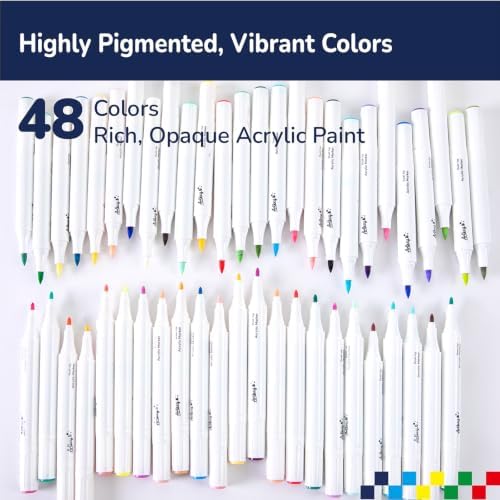 Artkey Acrylic Paint Markers 48 Colors, Dual Tip Acrylic Paint Pens with Brush and Fine Tips, Acrylic Markers Set for Rock Painting, Wood, Canvas, Glass, Ceramic, Stone, Fabric, Plastic, DIY Crafts