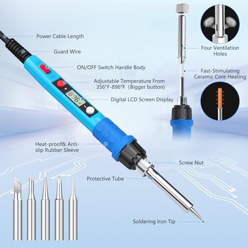 Soldering Iron Kit, 80W 110V LCD Digital Solder Iron Pen with Ceramic Heater, Portable Welding Tools with 5pcs Tips, Stand, Solders Wire, Sponge, Paste, for Metal,Electric Repairs, DIY