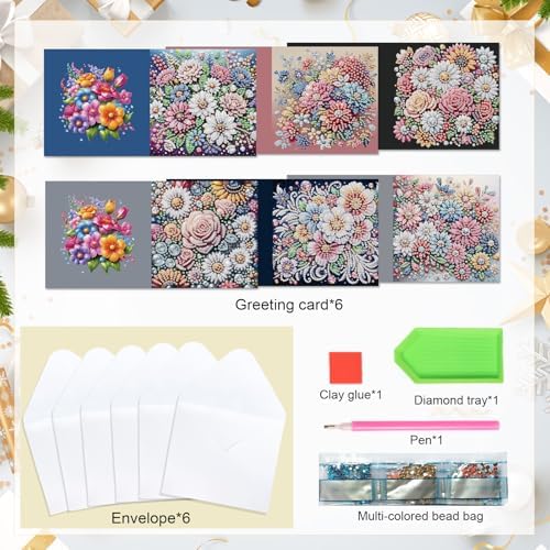 antor 6 pcs Diamond Painting Greeting Card Kits - Beautiful Floral Design with Fine Glitter, 5D DIY Creative Special Shaped Diamond Art Cards for Birthday Holiday Congratulations Crafts Gifts
