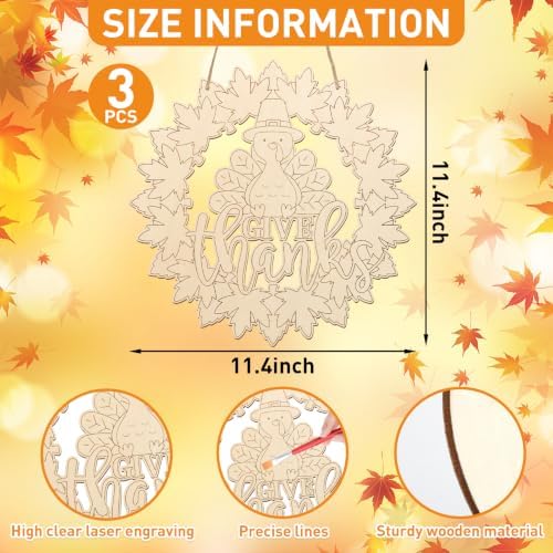 Unfinished Fall Wreaths Wood Crafts to Paint Set of 3, 11" Bulk Autumn Leaves Pumpkin Wreath Ornaments for Painting, Unfinished Wood Cutouts DIY Ornaments for Front Door with Ropes (Leaf.Turkey)