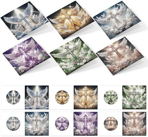 6 Pack Diamond Painting Greeting Cards with Envelopes, DIY 5D Diamond Art Card Kit Winged Cross Designs, 30x15cm Handmade Religious Cards Crafts for Spiritual Blessings and Faithful Greetings