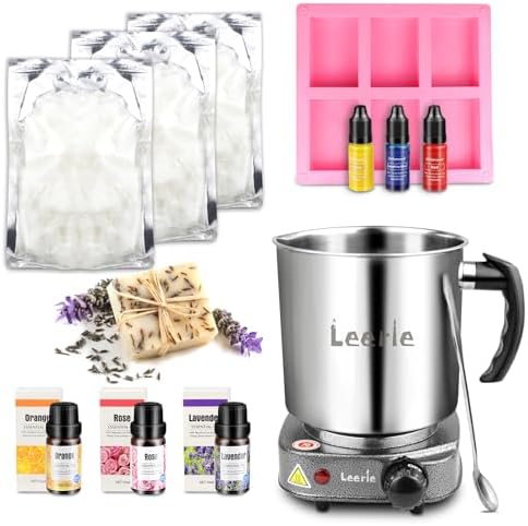 Leerie 3.6Lbs Soap Making Kit with Electronic Hot Plate, 1.6 Lb Glycerin Soap Base, Pouring Pot, Silicon Mold, Spoon,3 Essential Oils for Soap Making,3 Liquid Dyes, Melt & Pour Soap DIY Kits SMK500