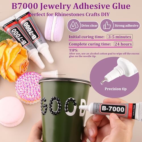 Resin Jelly Rhinestones for Crafting with B7000 Jewelry Glue, 2 Boxes Black Flatback Crystals with 3Pcs 10ml Glue, Bedazzling Non Hotfix Gems for DIY Tumblers Clothing Shoes Manicure