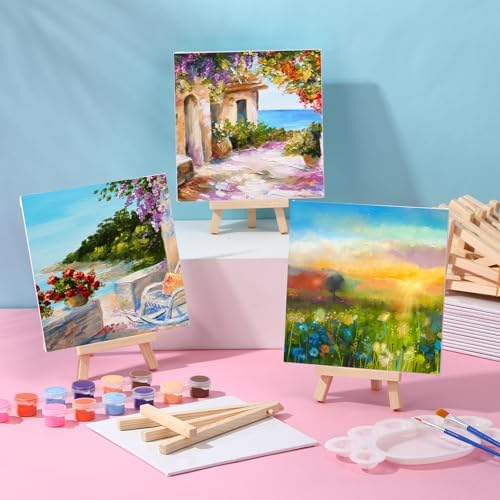 Motimind 36 Pcs 6 x 6 Mini Canvas and 8" Easel Set Bulk for Paint Party