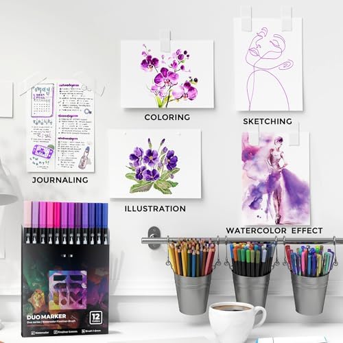 ZSCM QUALITY DECIDES THE FUTURE Purple Duo Tip Marker Pens, 12 Fine & Brush Tip Pen For Adult Coloring Books