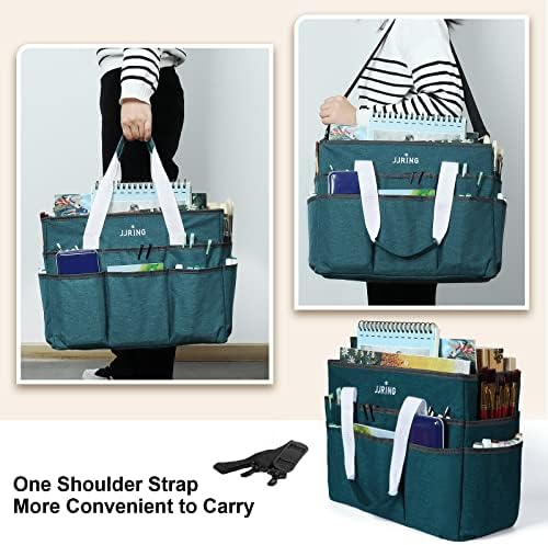 JJRING Craft Organizer Tote Bag Large Art Storage Caddy Bluish Green | With Multiple Pockets For Sewing, Scrapbooking, School, Medical, And Office Supplies