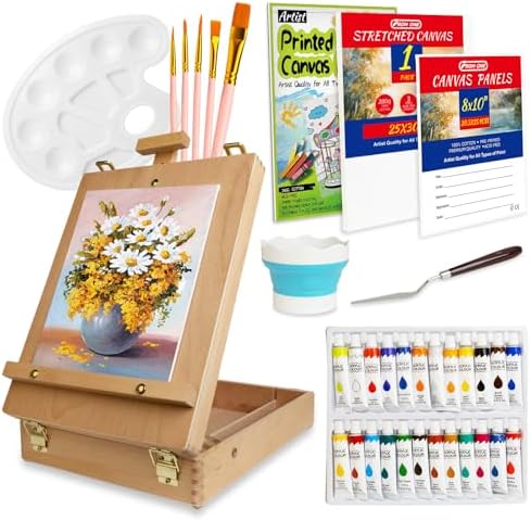 Portable Tabletop Easel Set 36-Piece Acrylic Paints Brushes Canvas DIY Pad