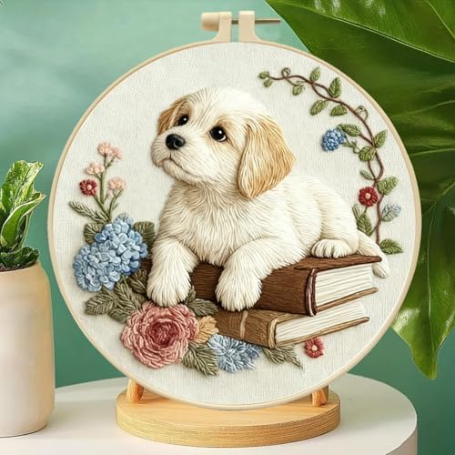 Zhenqing Dog on Books Embroidery Kit for Beginners, Pre-Printed 29x29cm Circular Cotton Fabric with 20cm Hoop, Cozy Pet and Hydrangea Floral Design for Home Decor (C0206)