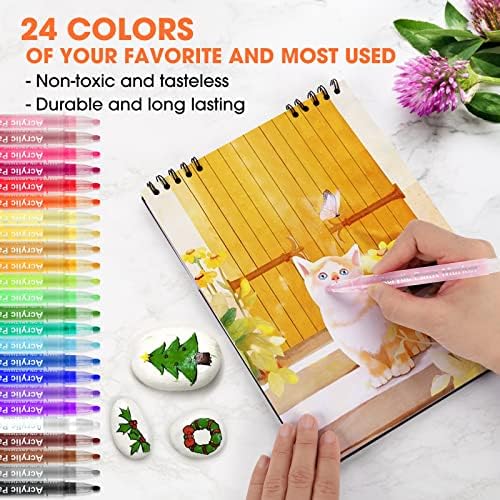 Acrylic Paint Pens Markers-24 Colors Waterproof Paint Pens for Rock Painting,Graffiti, Stone, Ceramic, Glass, Wood, Fabric, Canvas, Porcelain, Metal,Pumpkins,Water Based Quick Dry Non-Toxic No Odor