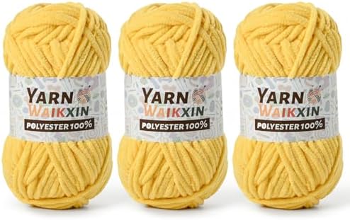 3 Yellow Soft Chenille Yarn for Crocheting, Fluffy Chunky Crochet Yarn for Baby Blanket, (10.58oz/393yds) Fuzzy Velvet Yarn for Amigurumi&DIY Puzzle、Crafts、Scarf
