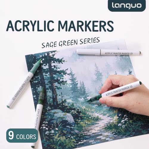 languo Acrylic Paint Markers, 9 Colors Sage Green Series, Soft Brush Tip