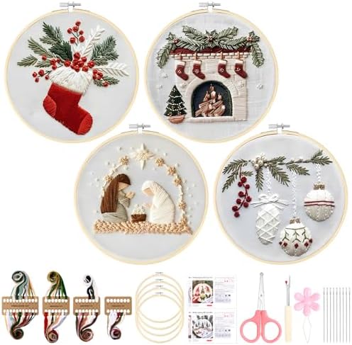 Christmas Embroidery Kit for Adults and Beginners, Christmas Gnomes Embroidery Kits Cross Stitch Kits with Pattern, Cotton, Threads, Needles & Instruction (4Pcs D)