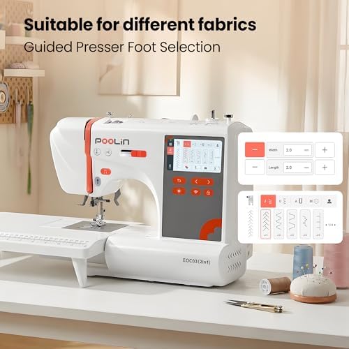 PooLin EOC03(2in1) Sewing and Embroidery Machine 4"x4" & 4"x9.25" Embroidery Size, 130 Built-in Designs 207 Sewing Stitches, 4.3" Touch Screen with WiFi Transfer, Includes Full Kits 1-on-1 Training