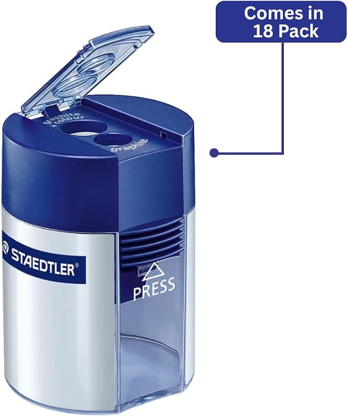 STAEDTLER Double-Hole Tub Pencil Sharpener, 18 Pack | Dual Size Manual Sharpener for Standard Graphite & Colored Pencils, Compact Design