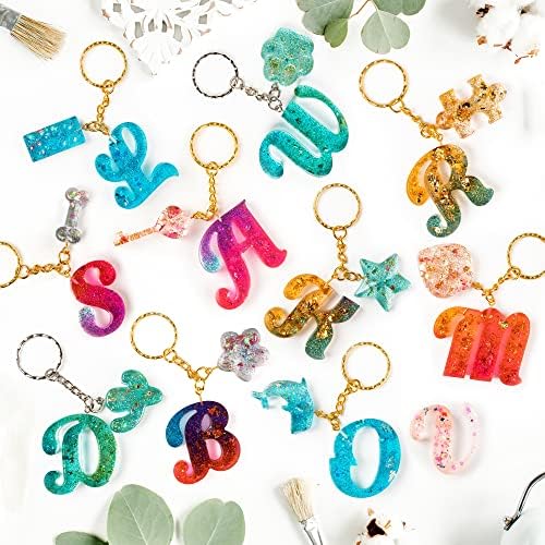Mocoosy 182Pcs Fancy Alphabet Resin Molds Silicone Kit, Reversed Letter Keychain Epoxy Resin Casting Molds, Resin Key Chain Making Set with 1 Hand Drill 2 Drill Bits 30 Key Rings 100 Screw Pins