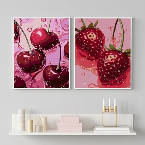 AIBOERL 2 Pack Diamond Art Kits for Adults,Retro Cherry Diamond Painting | Round Drill Fruit Diamond Painting for Beginners DIY Rhinestone 5D Diamond dots(Gemstone Craft)Wall Art Gift 12x16IN
