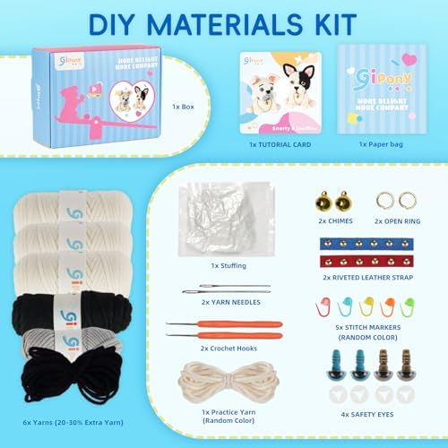 Gipony Crochet Kit for Beginners Animal,Crochet Animal Kits,Crochet Pet Toys Kits,Learn to Crochet with Step-by-Step Video Tutorials,Beginners Crochet Kits for Adults(2 Pack French Bulldog)