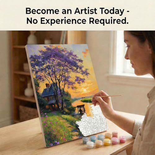 Amphol Paint by Numbers Kit for Adults Beginners - Sunset Cottage DIY Paint by Numbers Kit on Unframed 16"x20" Canvas, Landscape Oil Painting by Number for Wall Decor, Complete Acrylic Paint Set