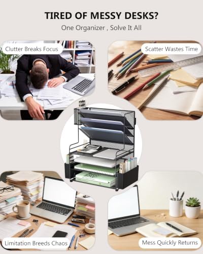 WALI Desk File Organizer, 7 Tier Desktop Paper Letter Tray Organizer with Drawer and 3 Pen Holders, Office Desk Accessories & Workspace Organizers for Office, Home, School Supplies, 1 Pack, Black