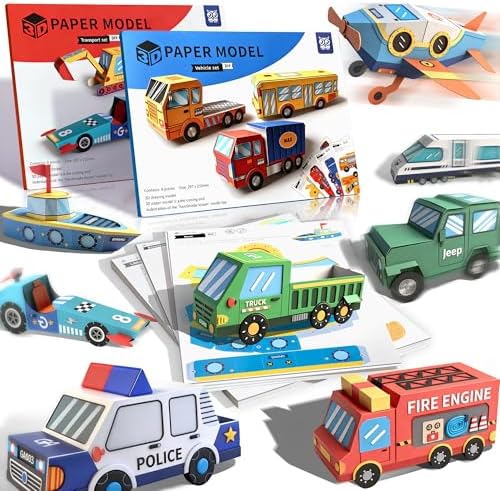 2 Themes in 1, 3D Paper Model Kits for Kid, DIY Origami Kit for Kids Ages 8-12, Include 16 Pre-cut, Easy-to-Assemble Transport & Vehicle Models, Origami Kit for Kids Ages 8-12，Paper Model Kits for Kid